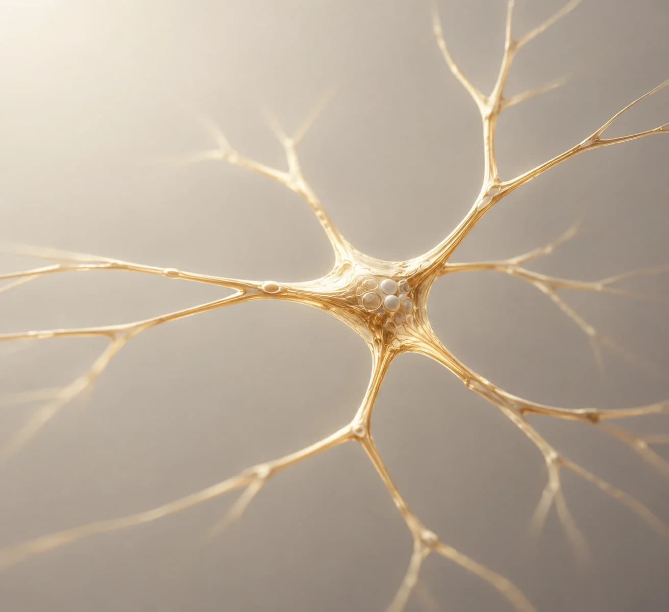 A golden neuron reaching out along its branches in soft light