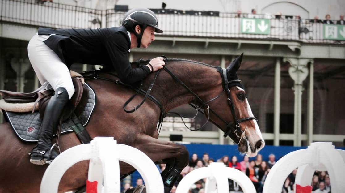 Show jumper folded over a fence in an indoor arena
