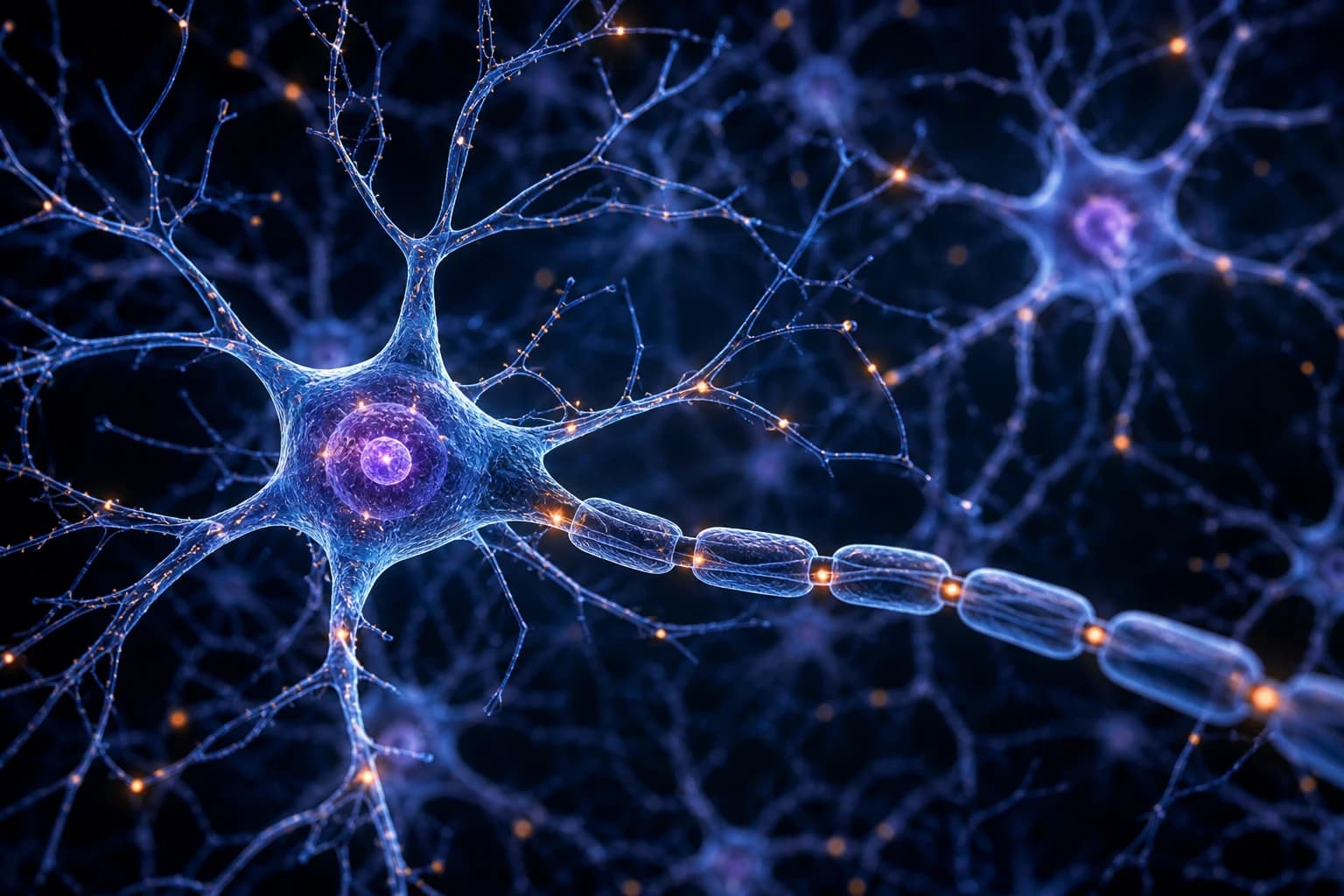 A neuron firing, synaptic connections glowing along its dendrites